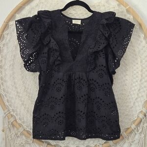 Nicole Miller Black Embroidered Eyelet Lace Babydoll Ruffle V-Neck Top